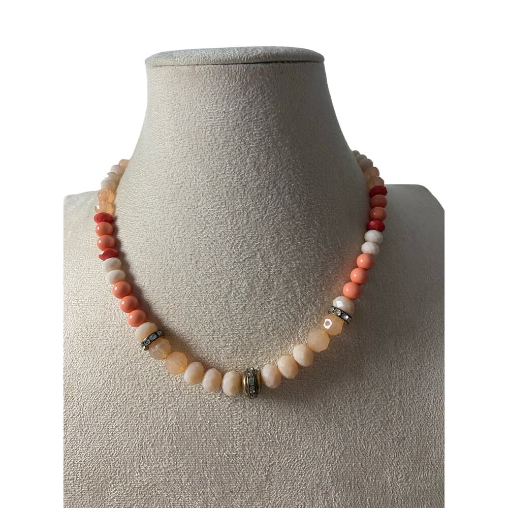 Vintage Orange & Coral Beaded Necklace with Rhinestones